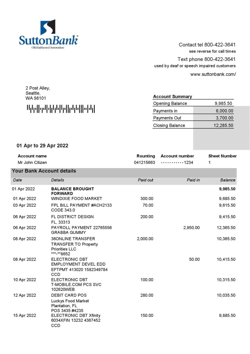 USA Sutton Bank Statement Word And PDF Template 2 pages