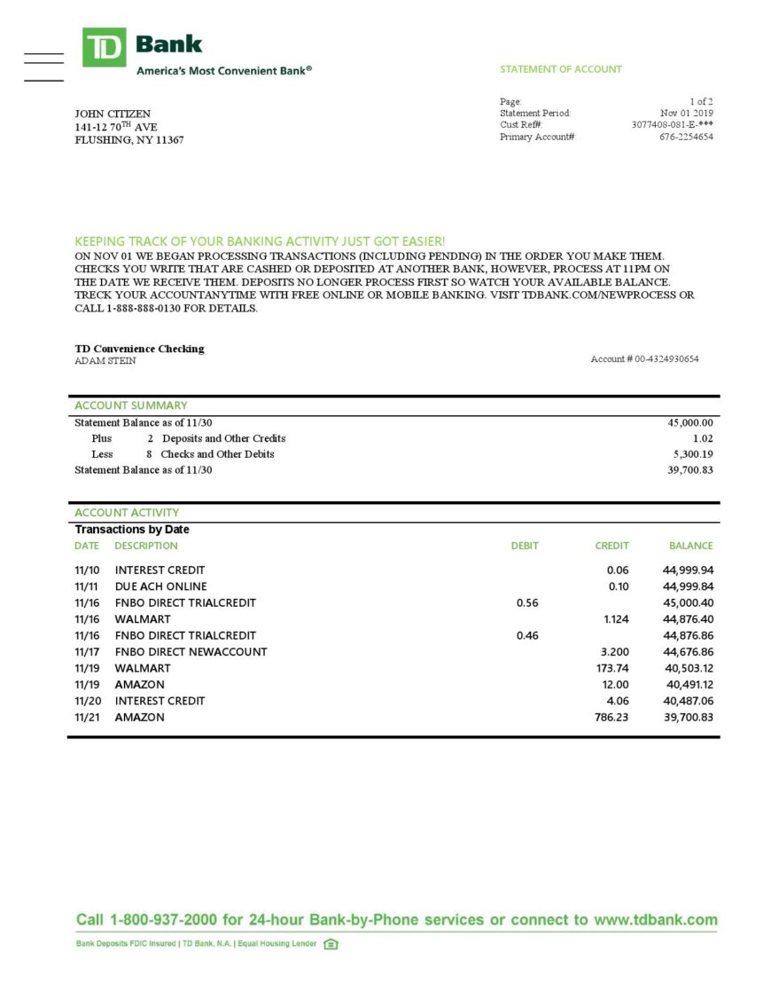 USA TD Bank Statement Template