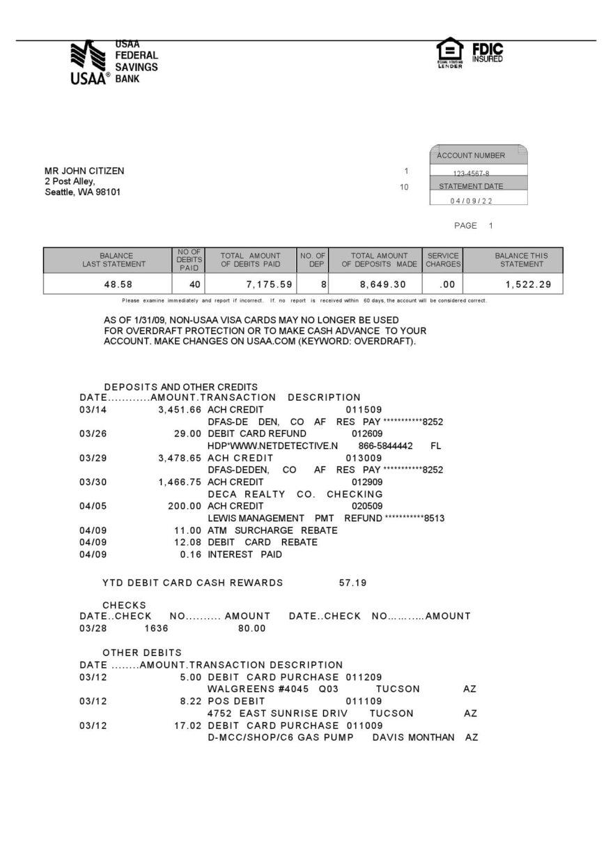 USA USAA Bank Statement Word And PDF Template 5 pages