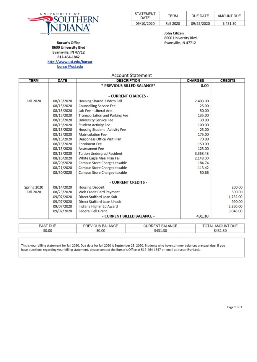USA University Of Southern Indiana Account Billing Statement Template