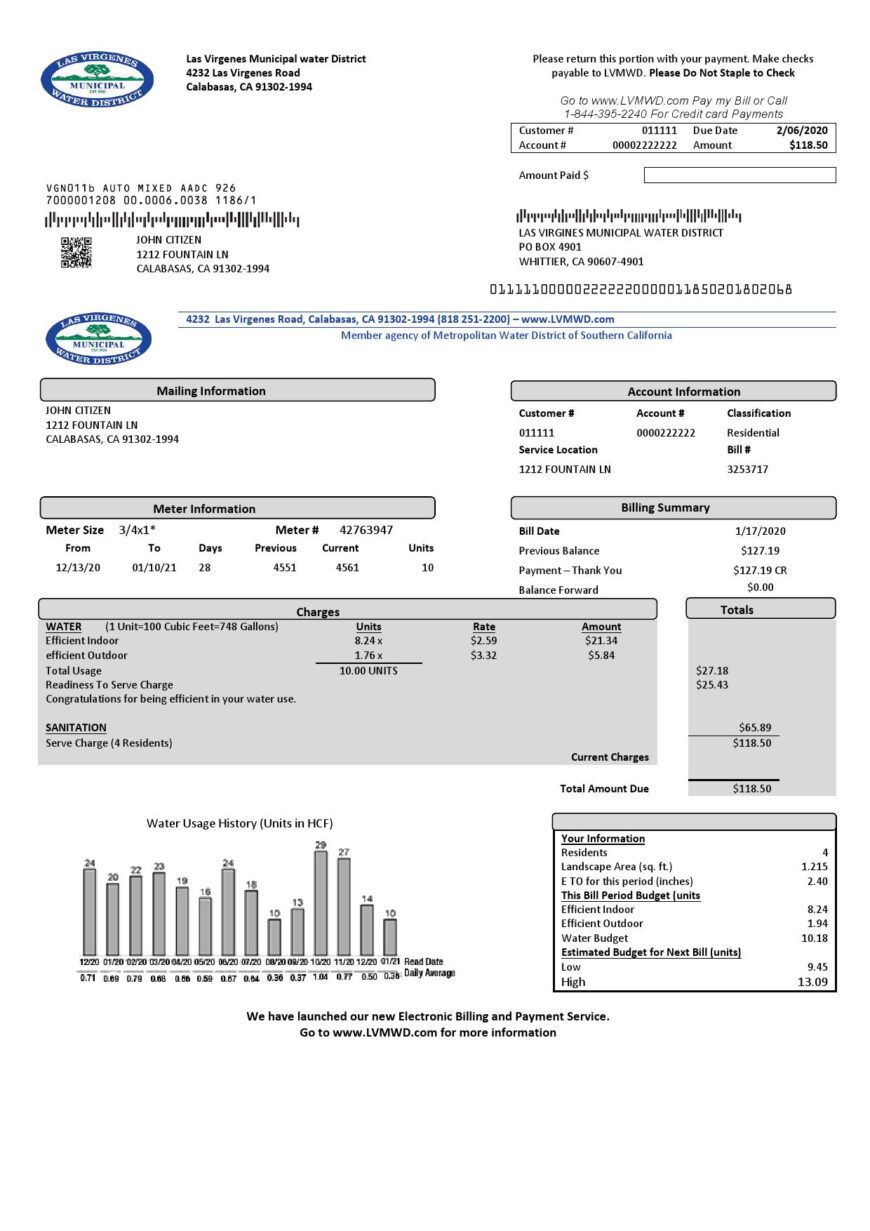 Usa California Las Virgenes Municipal Water District Utility Bill Word And PDF Template