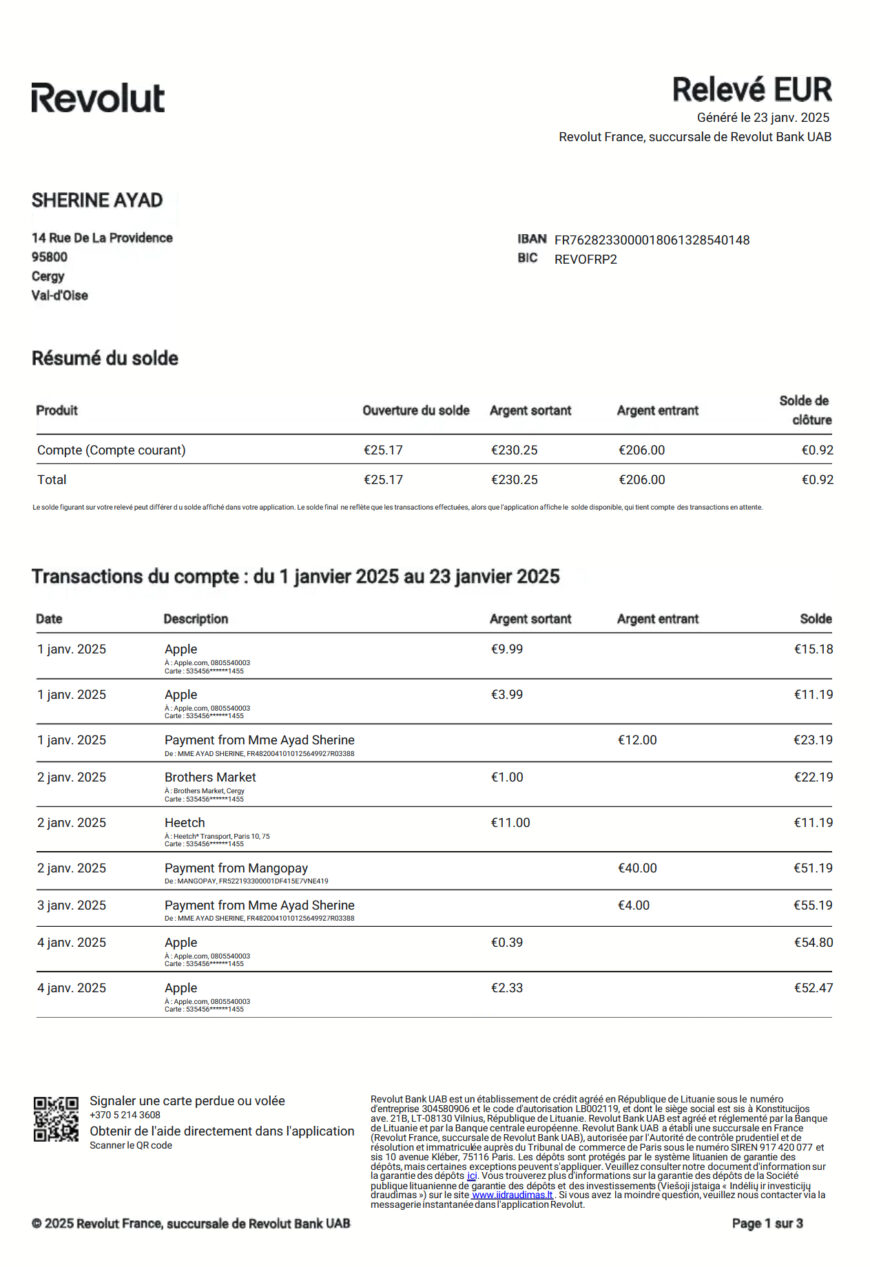 France Revolut account statement template