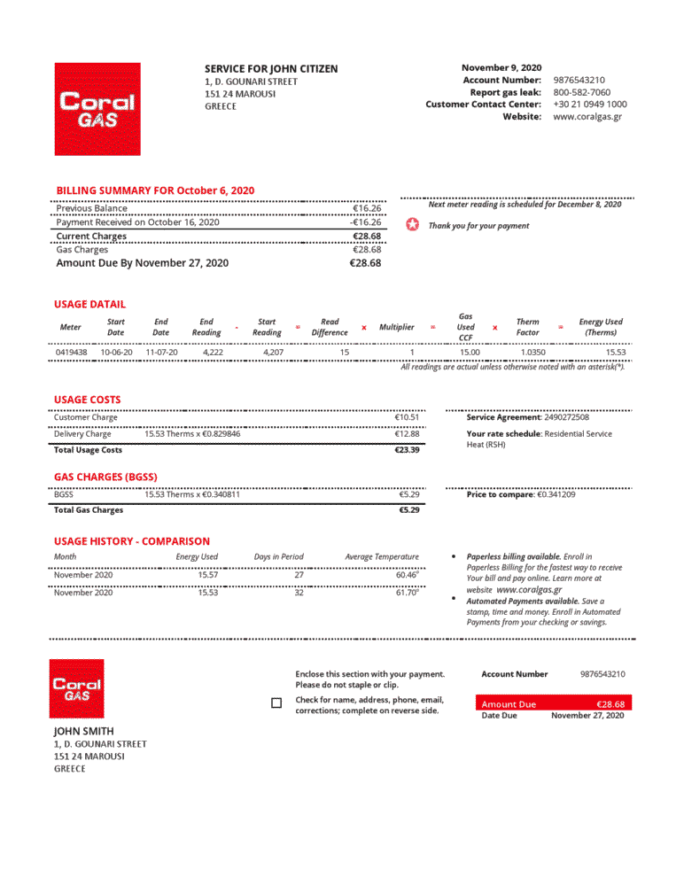 Greece CORAL GAS Utility Bill Template In Word And PDF Format
