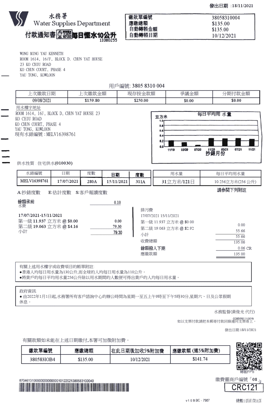 Hong Kong Water Supplies Department Utility Bill Word And PDF Template