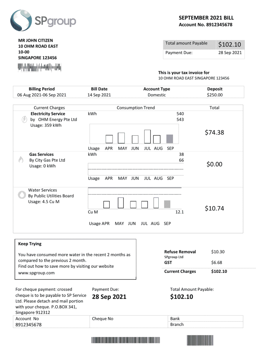 Singapore SP Group Uility Bill Template In Word And PDF Format 2 pages
