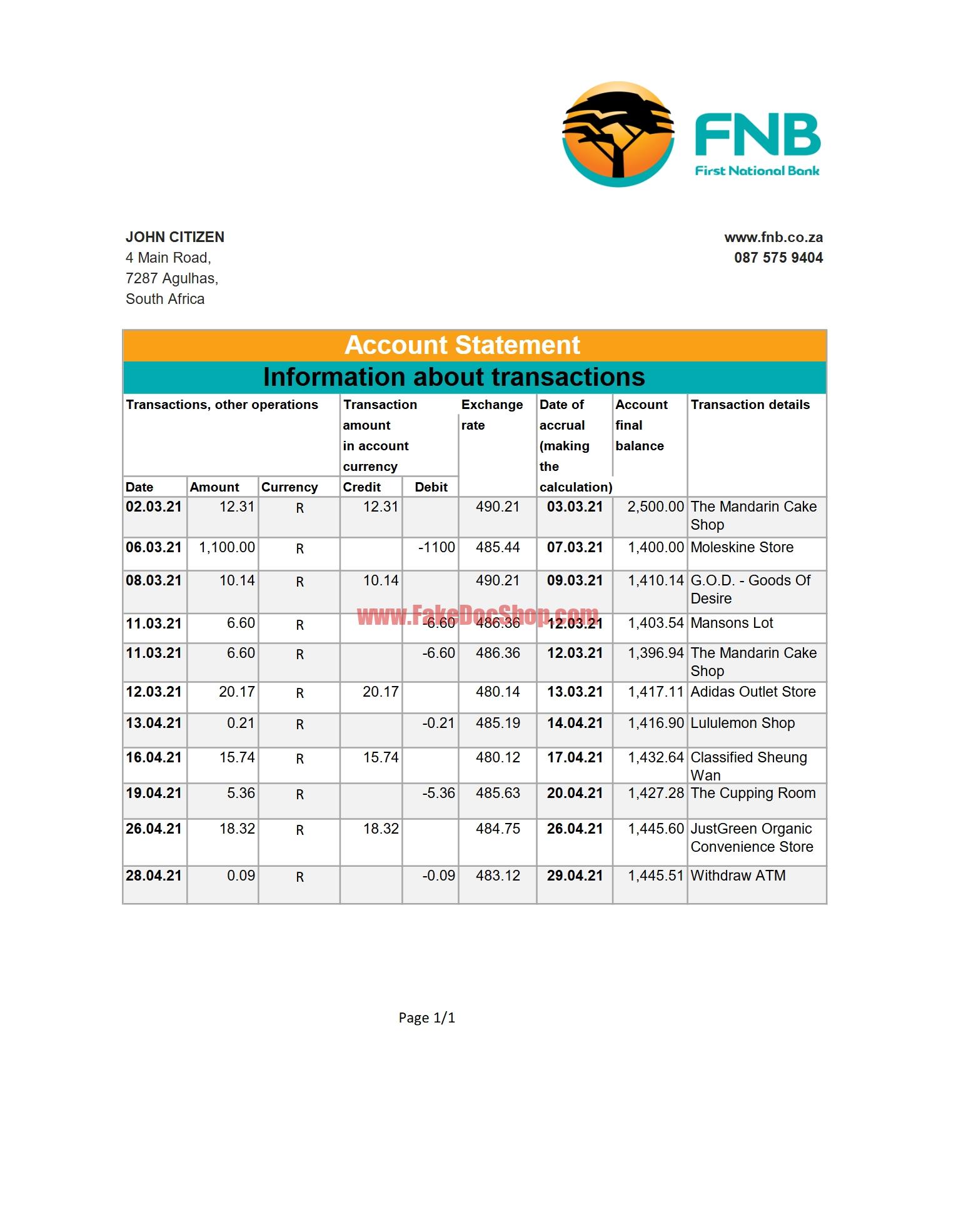 South Africa FNB Bank Statement Excel And PDF Template - Fakedocshop