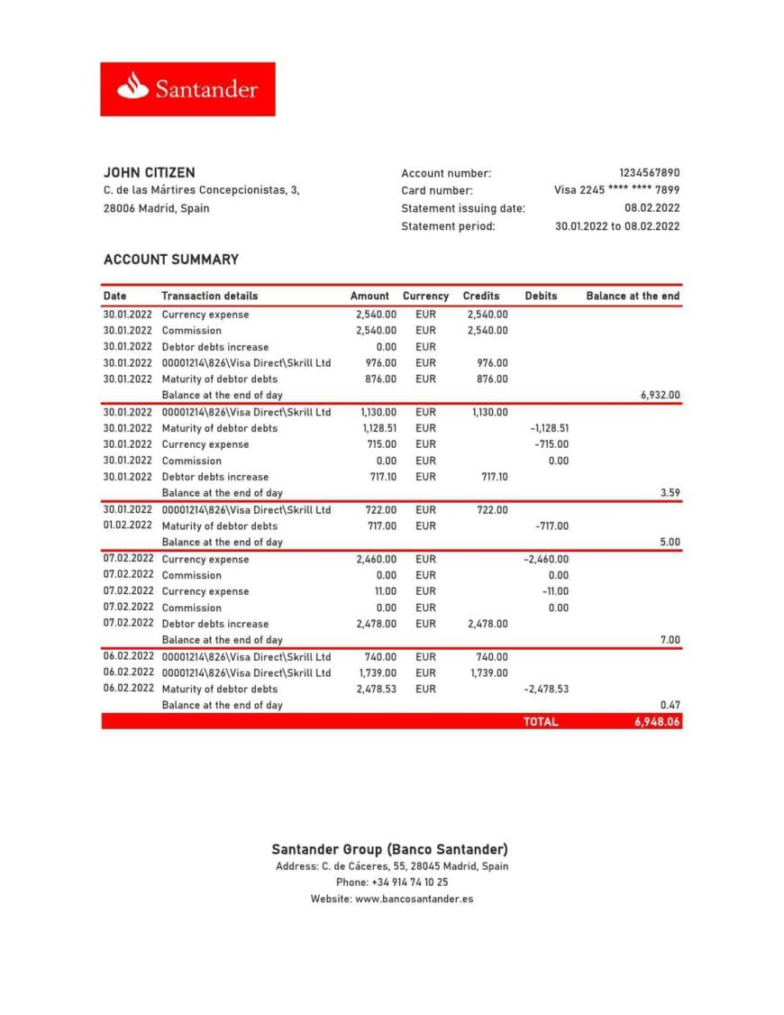 Spain Santander Bank Statement Excel And PDF Template