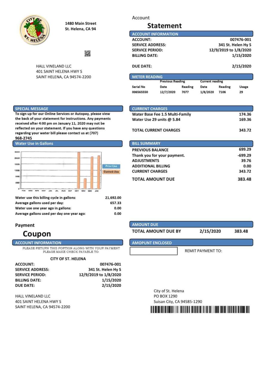 USA California City Of St Helena Utility Bill Template In Word And PDF Format