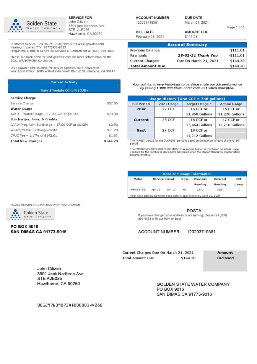 USA California Golden State Water Company Utility Bill Template