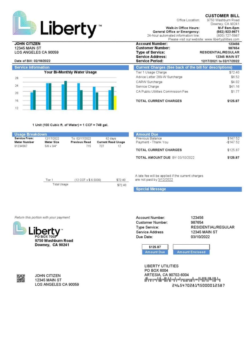 USA California Liberty Utilities Utility Bill Word And PDF Template