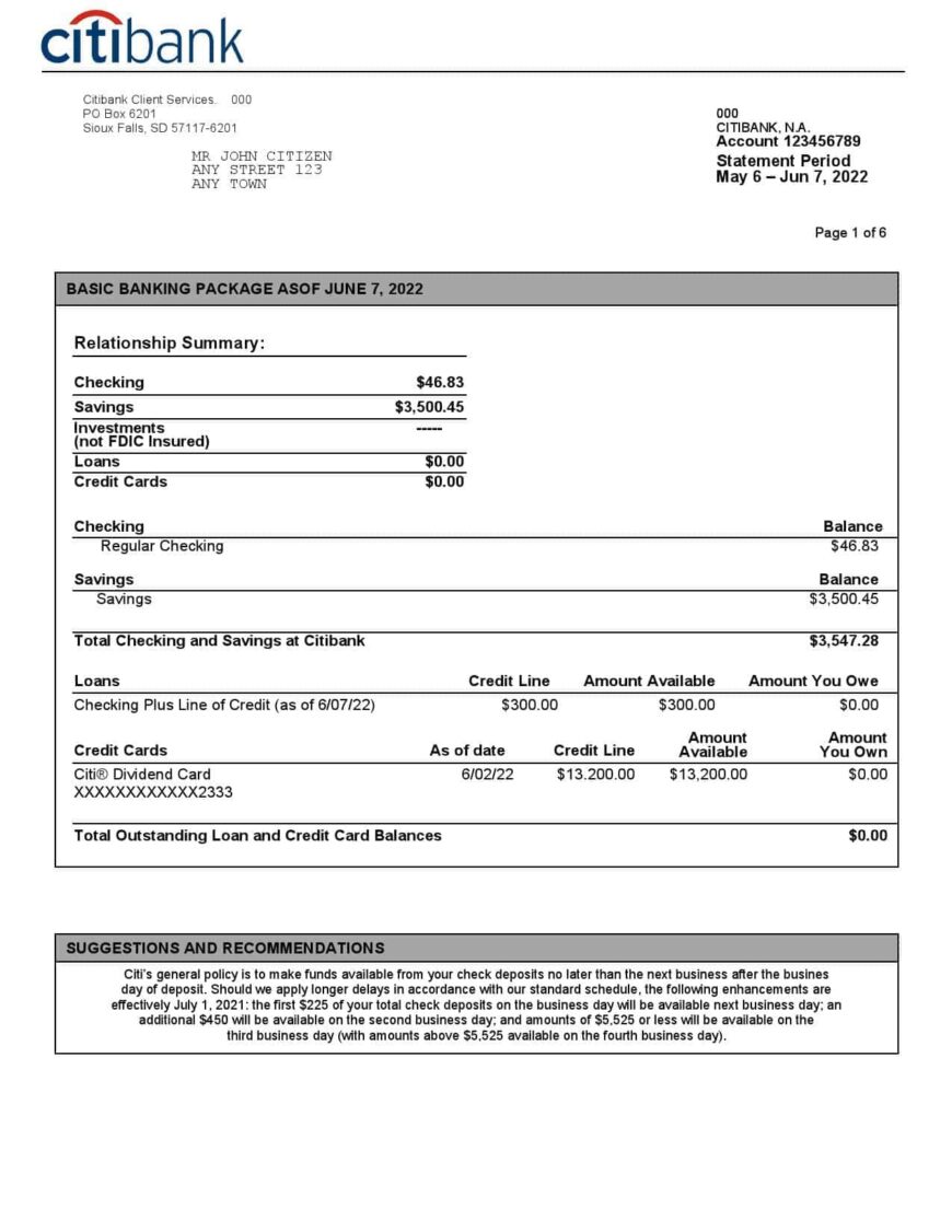 USA Citibank Bank Statement Word And PDF Template 6 pages