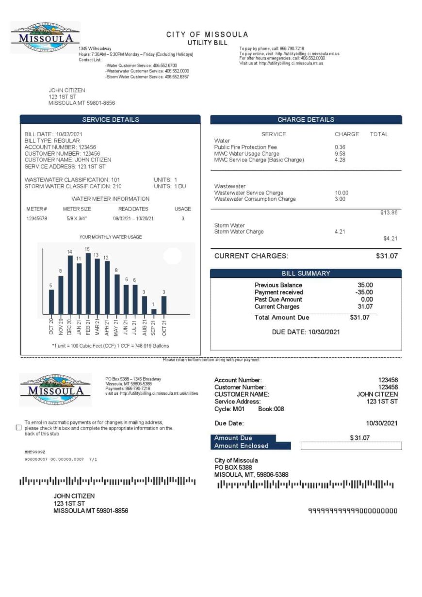 USA City Of Missoula Utility Bill Word And PDF Template