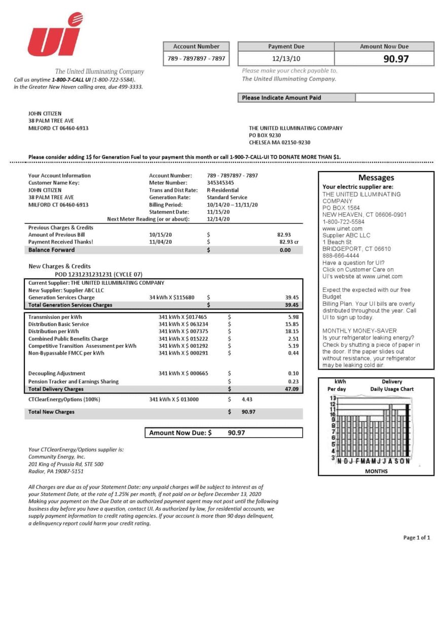 USA Connecticut The United Illuminating Company Electricity Utility Bill Word And PDF Template
