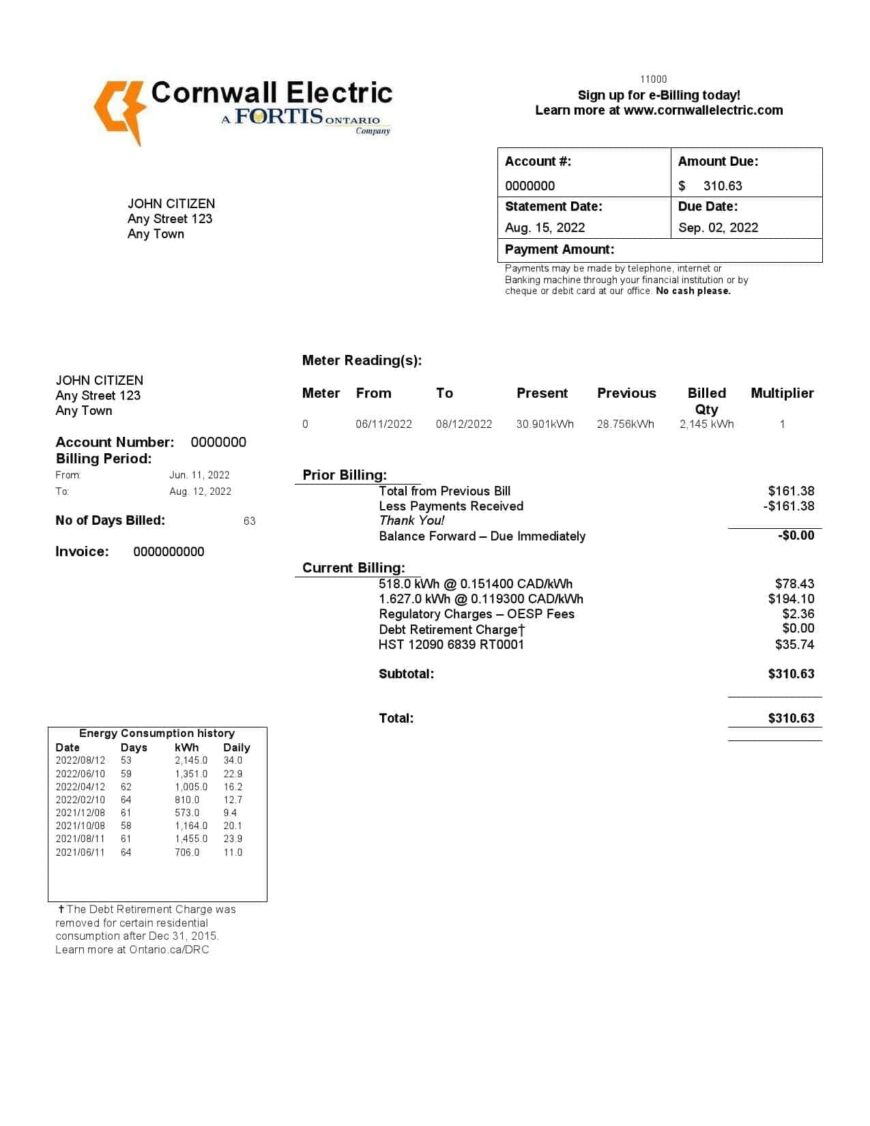 USA Cornwall Electric Utility Bill Word And PDF Template