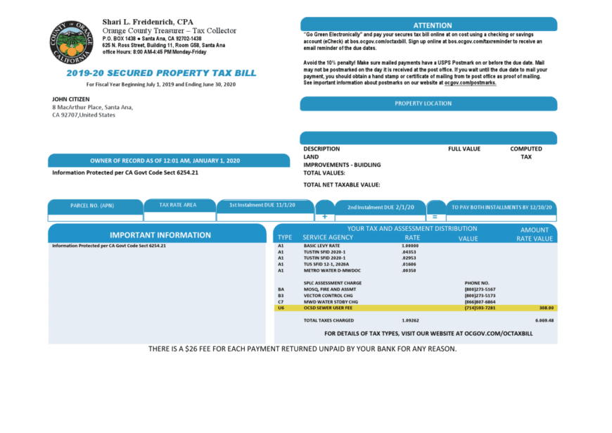 USA County Of Orange California Property Tax Bill Word And PDF Template