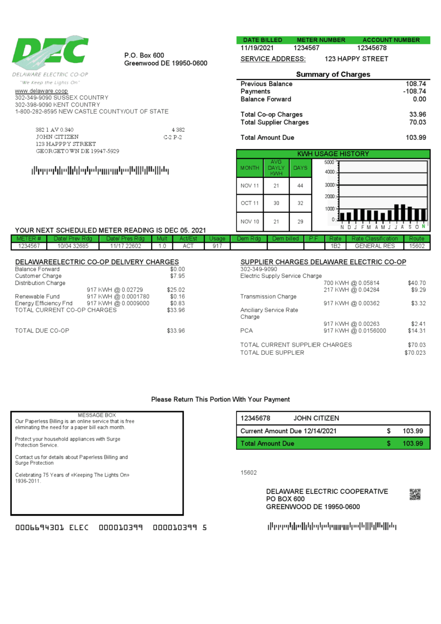 USA Delaware Electric Co op Utility Bill Template In Word And PDF Format
