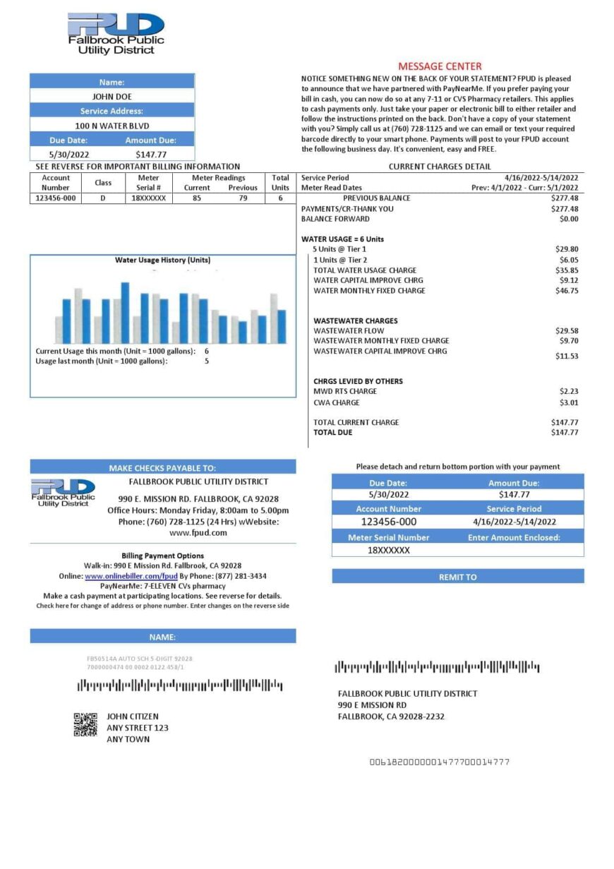 USA Fallbrook Public Utility Bill Template In Word And PDF Format