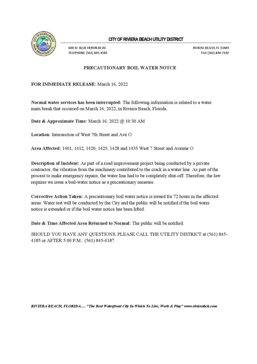 USA Florida City Of Riviera Beach Utility District Water Utility Shut Off Notice Word And PDF Template