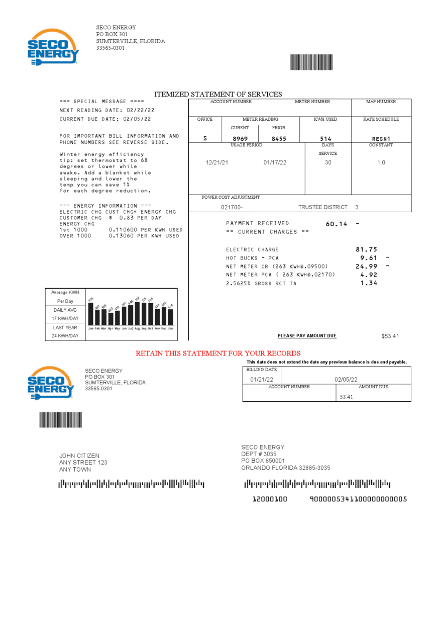 USA Florida Seco Energy Utility Bill Template In Word And PDF Format
