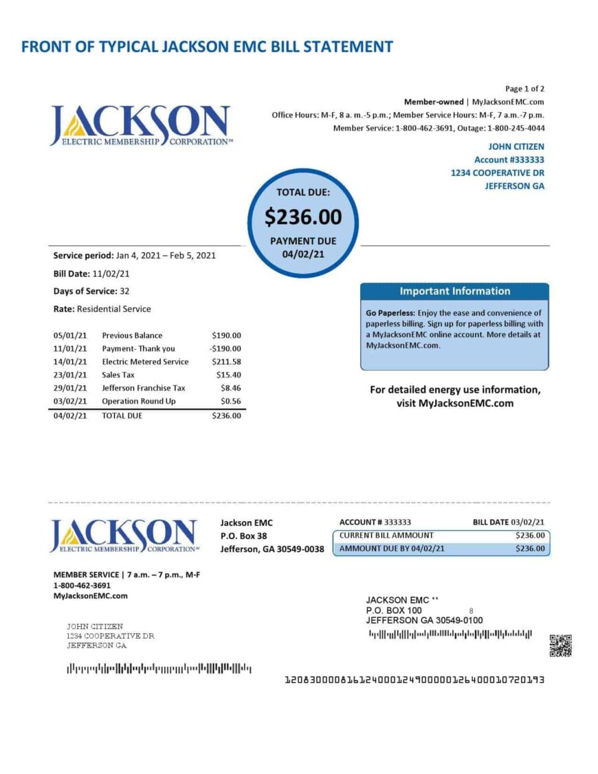 USA Georgia JACKSON EMC Utility Bill Template In Word And PDF Format 2 pages
