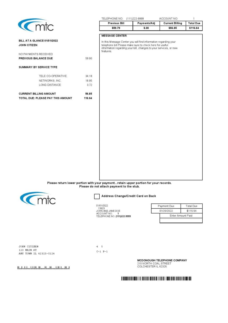 USA Illinois MTC Utility Bill Word And PDF Template