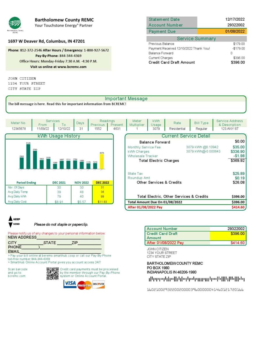 USA Indiana Bartholomew County REMC utility bill template in Word and PDF format