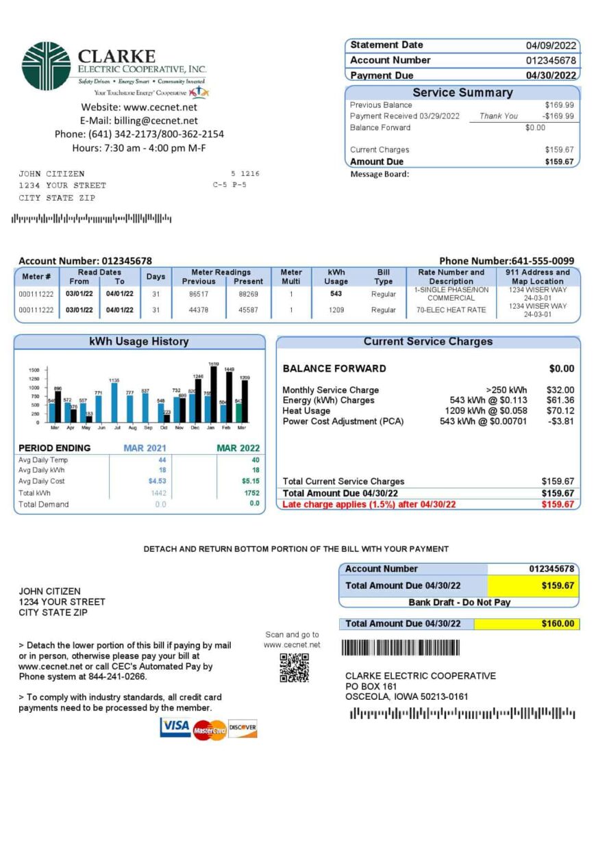 USA Iowa Clarke Electric Cooperative Inc Utility Bill Word And PDF Template