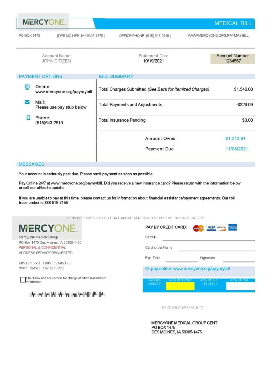 USA Iowa MercyOne Medical Bill Word And PDF Template