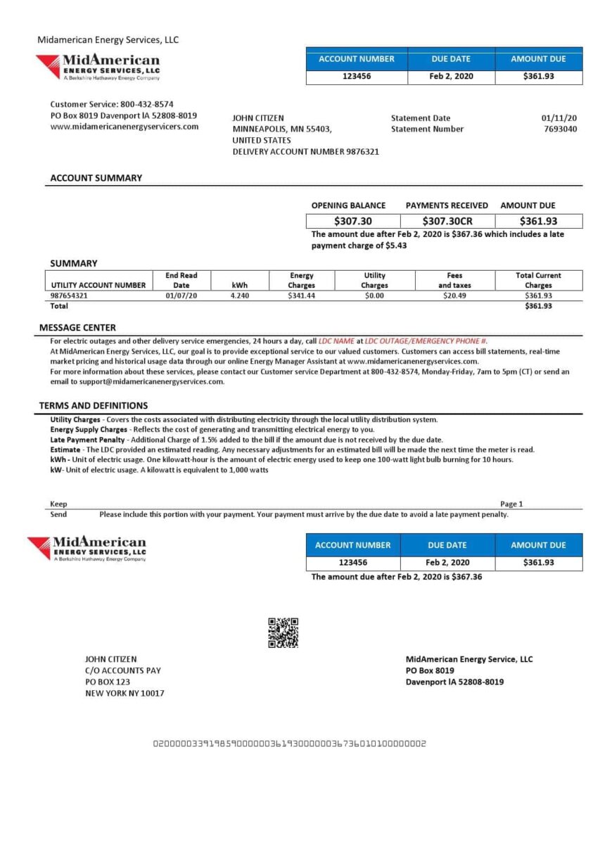 USA Iowa MidAmerican Energy Services Utility Bill Word And PDF Template