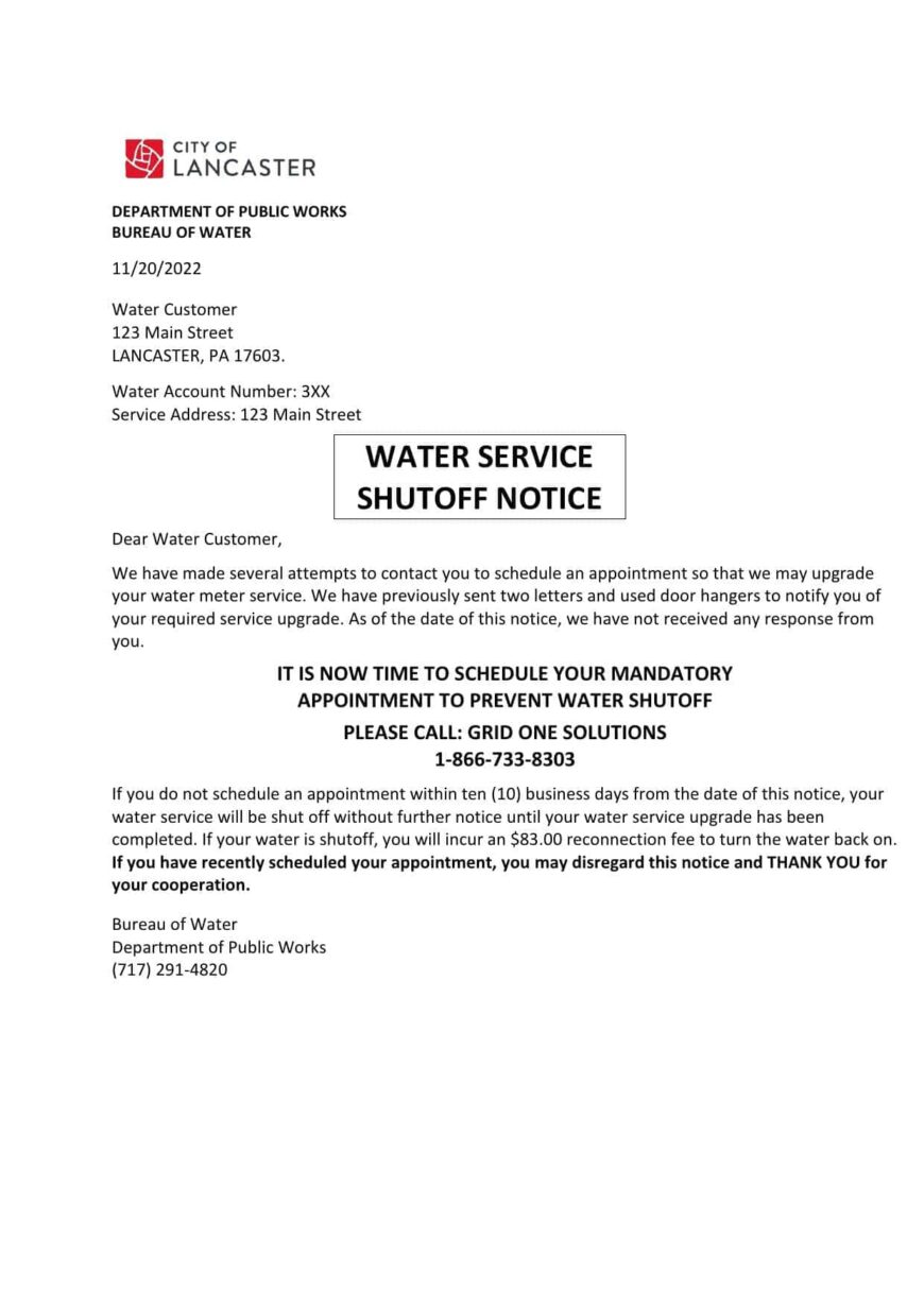 USA Lancaster Water Service Utility Bill Shutoff Notice Word And PDF Template
