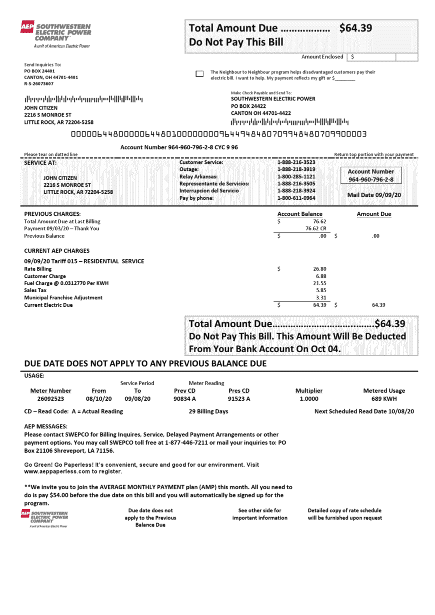 USA Louisiana AEP Southwestern Electric Power Company Electricity Utility Bill Word And PDF Template