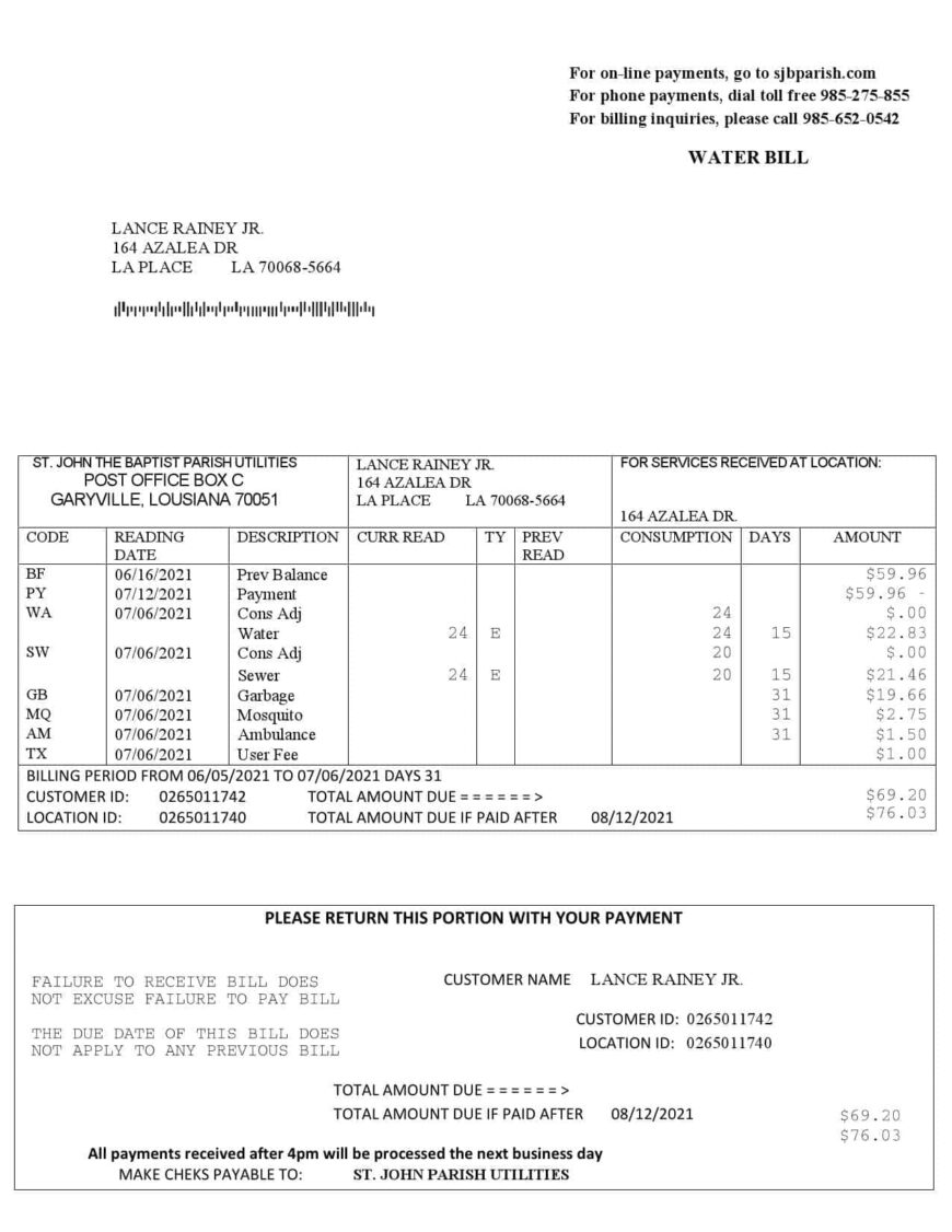 USA Louisiana St. John The Baptist Parish Water Bill Word And PDF Template