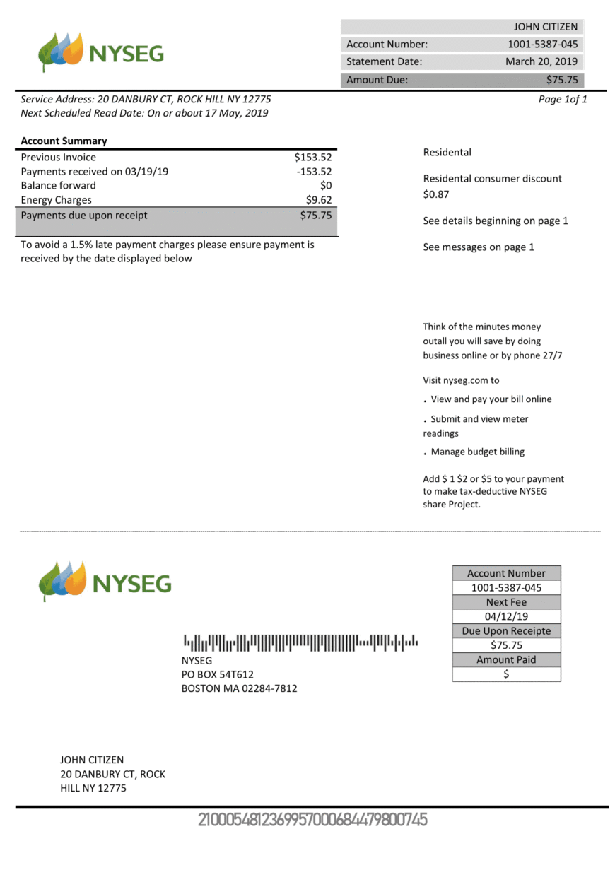 USA Massachusetts Boston NYSEG Electricity Utility Bill Word And PDF Template
