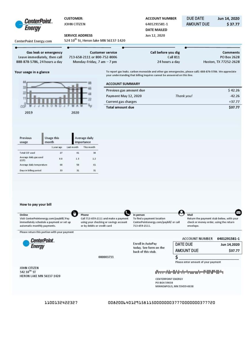 USA Texas Center Point Energy Utility Bill Word And PDF Template