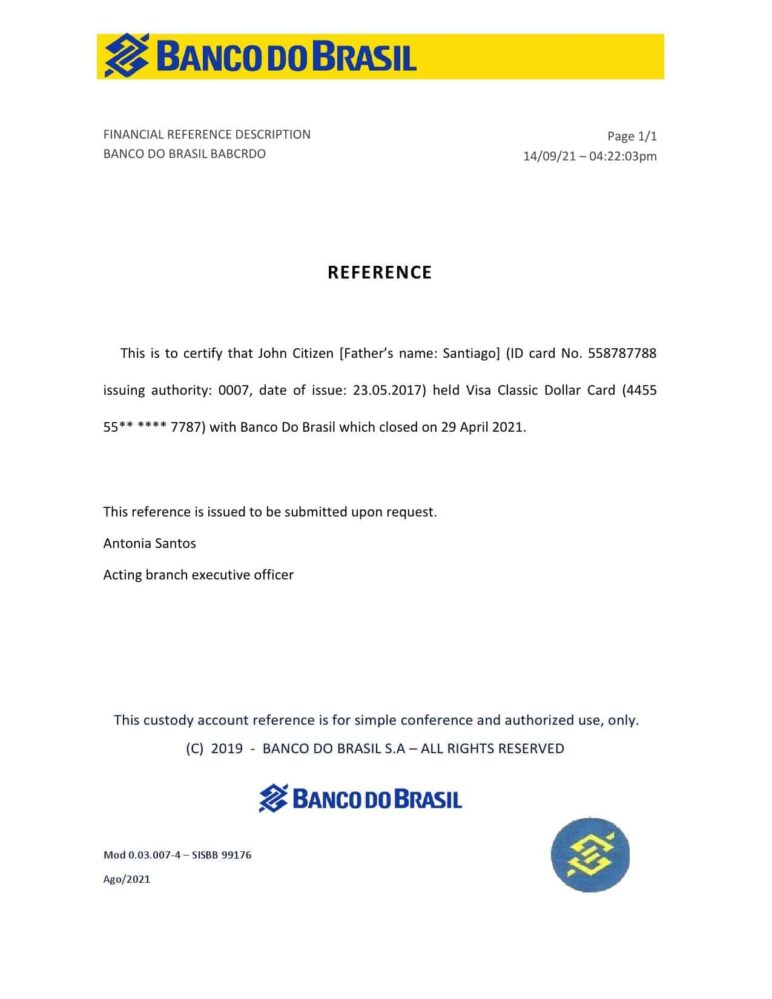 Brazil Banco do Brasil Bank Reference Letter Template