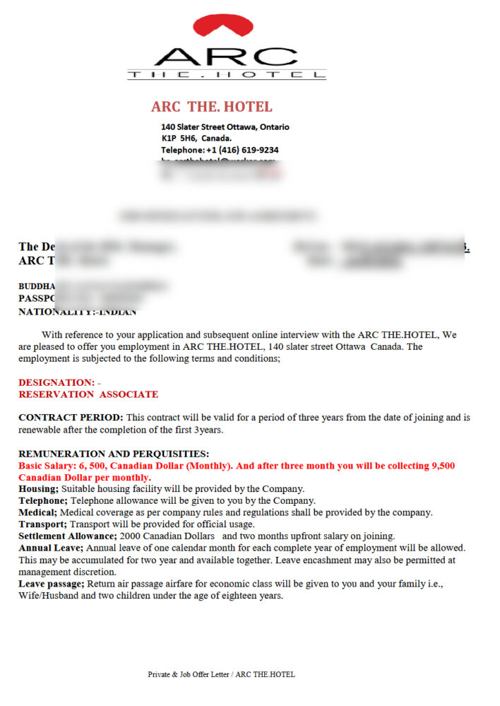 Canada hotel Job Offer Letter Template In Word And PDF format