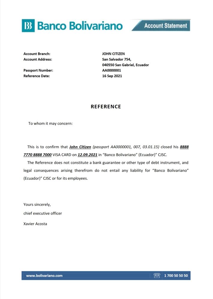 Ecuador Banco Bolivariano Bank Reference Letter Template