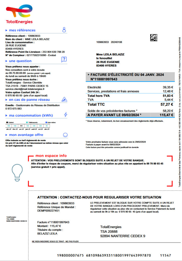 French TotalEnergies Utility Bill Template in Word And PDF format