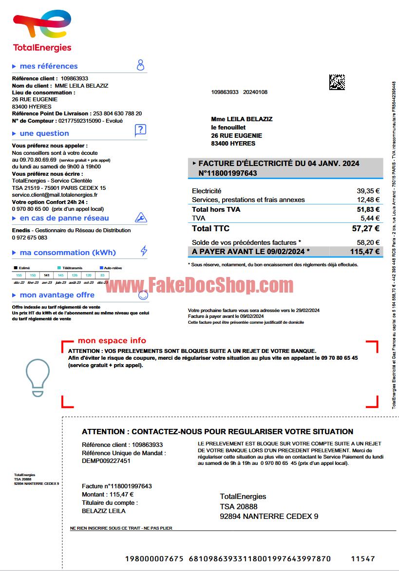 French TotalEnergies Utility Bill Template in Word And PDF format