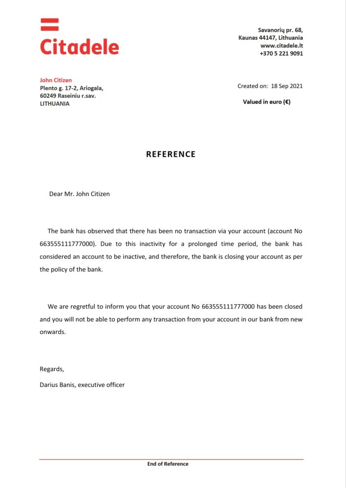 Lithuania Citadele Bank Account Reference Letter Template