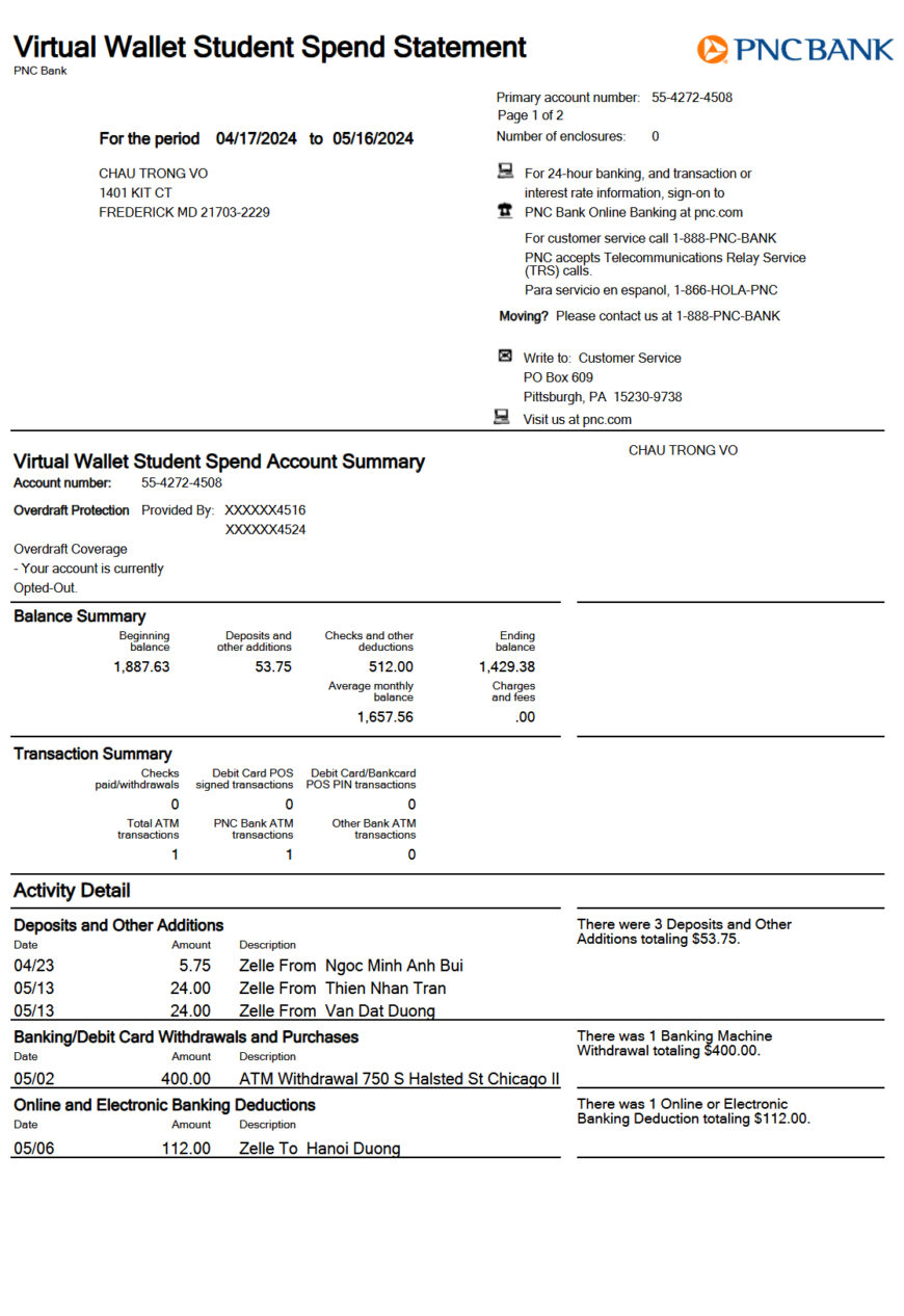 PNC Bank Virtual Wallet Student Spend Statement Template in Word and PDF Format