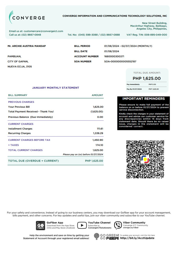 Philippines ISP Statement of Account Template in Word And PDF format