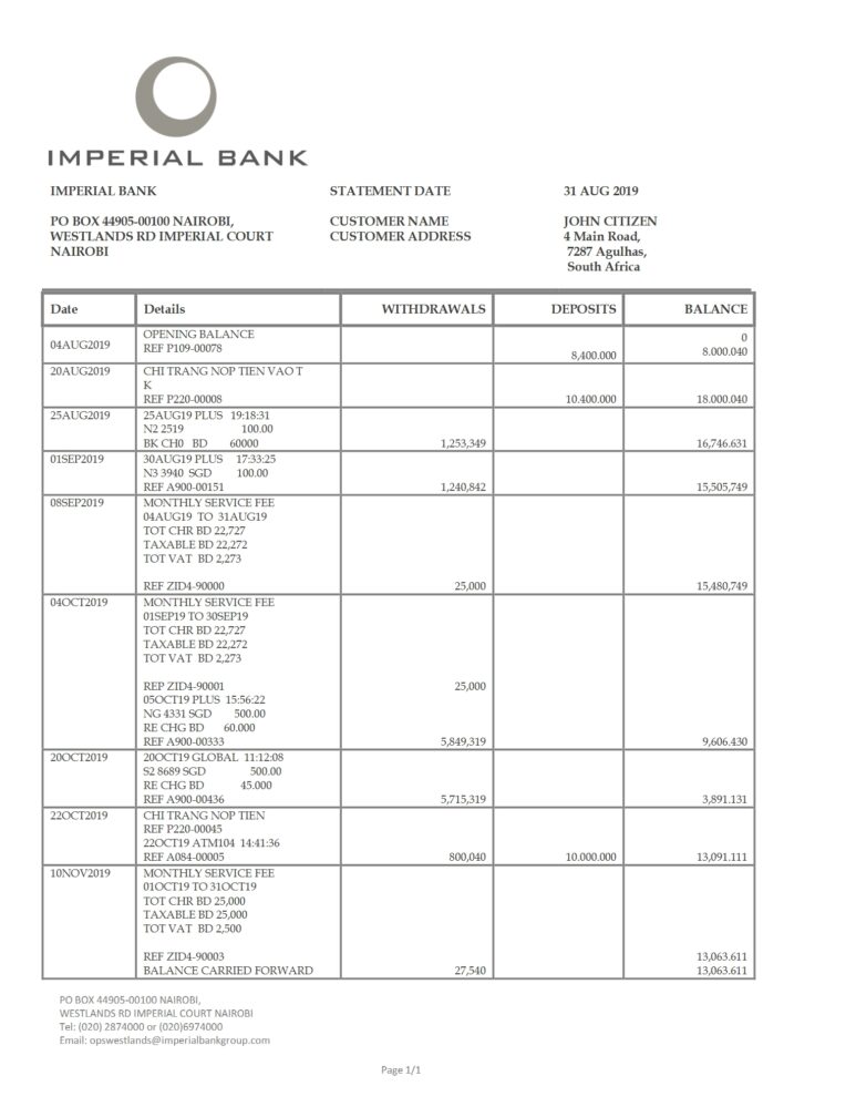 South Africa Imperial Bank Statement Template