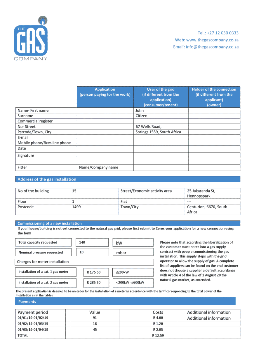 South Africa The GAS Company Gas Utility Bill Word And PDF Template