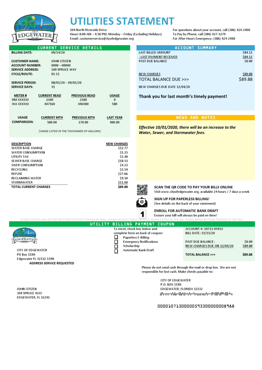 USA Florida City of Edgewater Utility Bill Word And PDF Template