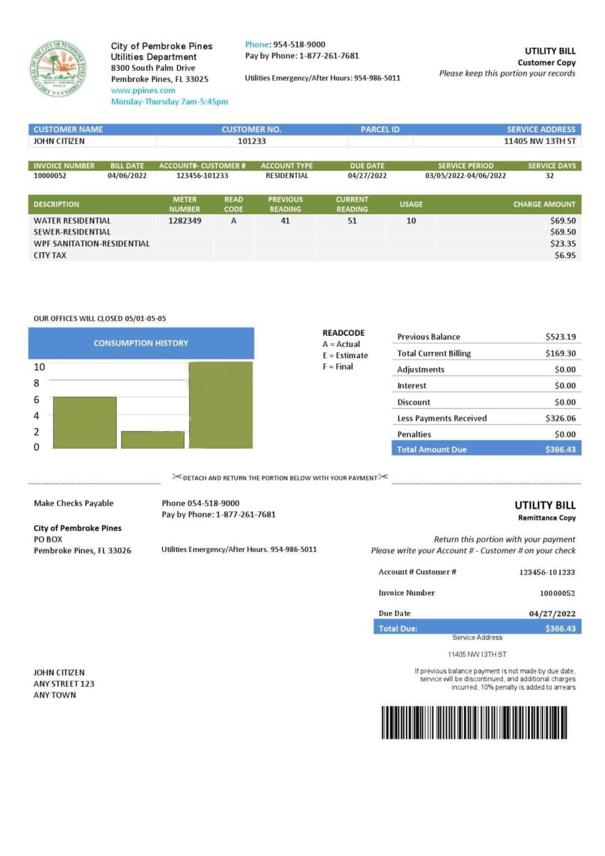 USA Florida City of Pembroke Pines Utilities Department Utility Bill Word And PDF Template