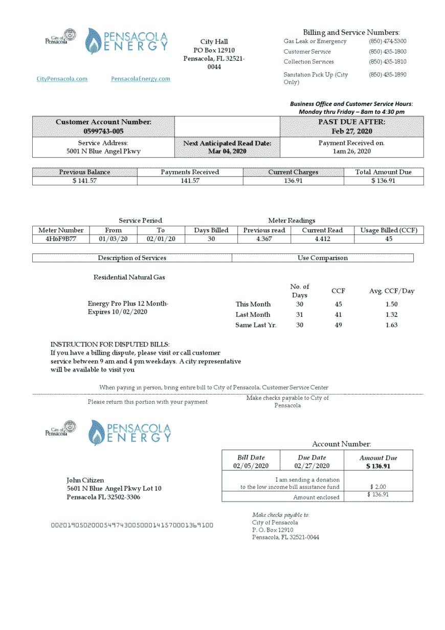 USA Florida Pensacola Energy Utility Bill Word And PDF Template