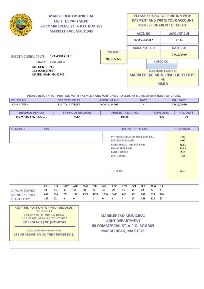 USA Marblehead Municipal Light Department Utility Bill Word And PDF Template