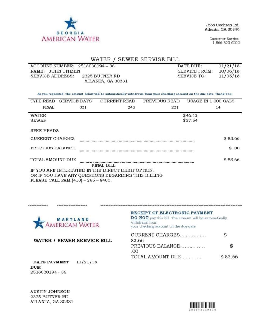 USA Maryland Georgia Water Utility Bill In Word And PDF Template