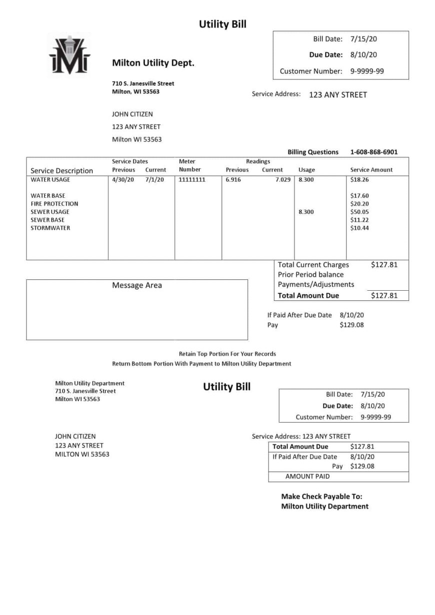 USA Massachusetts Milton Utility Dept Water Utility Bill Word And PDF Template